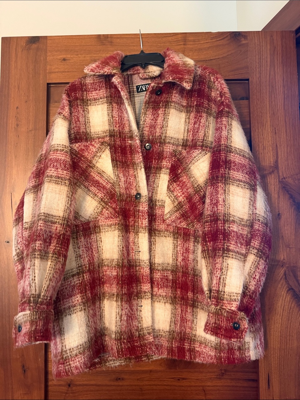 Zara Red & Cream Plaid Fuzzy Jacket
